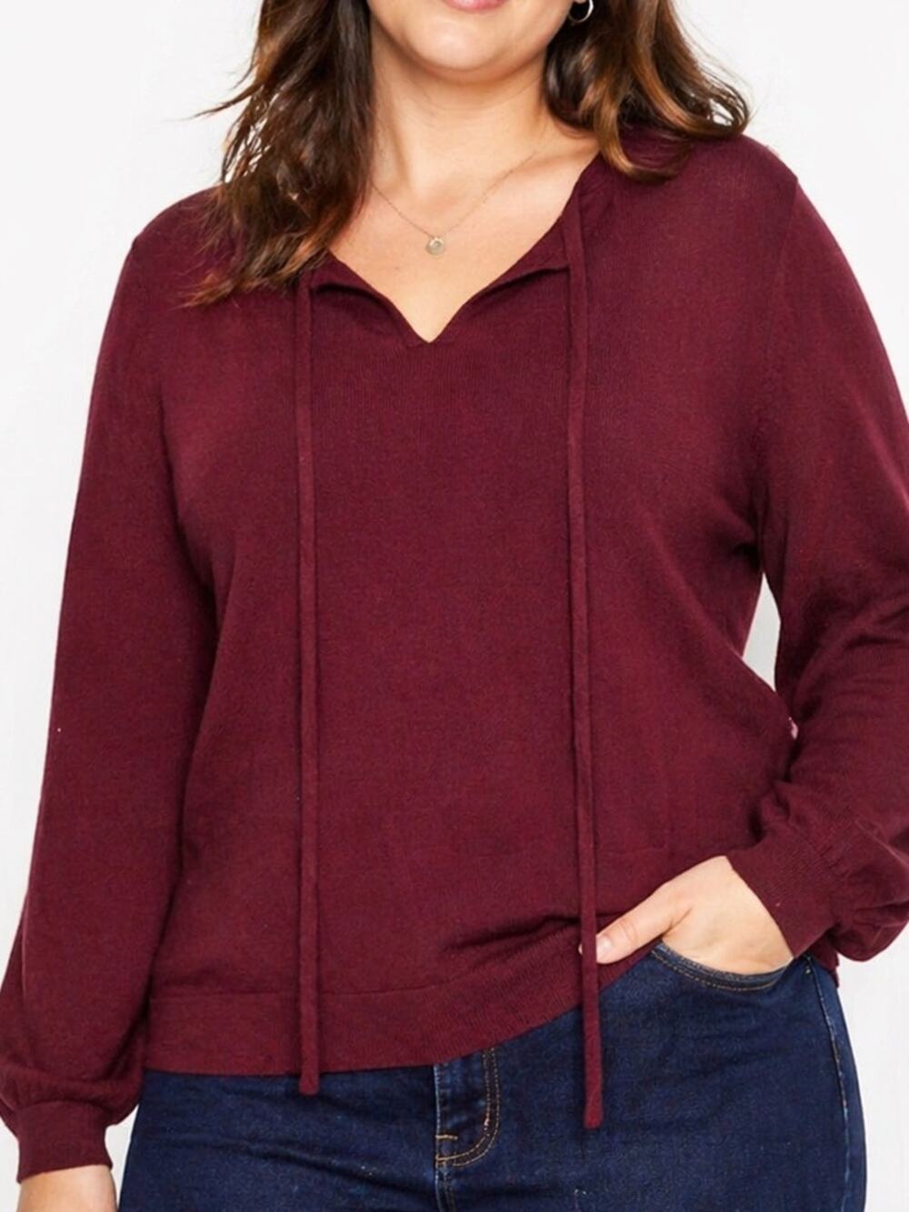 Boden Maroon Knit Sweater Top Tie Neck Long Sleeve Size US 16 18